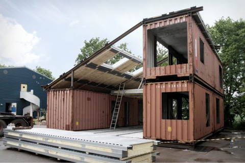 Container home with a steel structure uniting three split parts