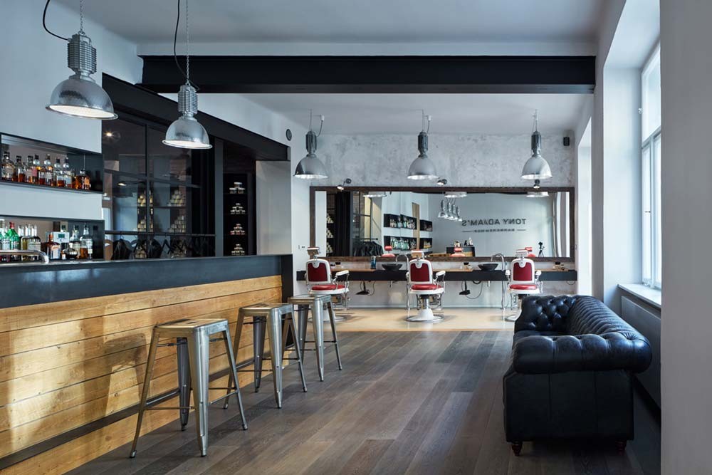 Cool Barbershop with Leather Sofa and Bar