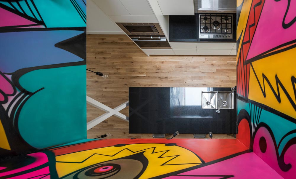 Modern infill house kitchen view from above