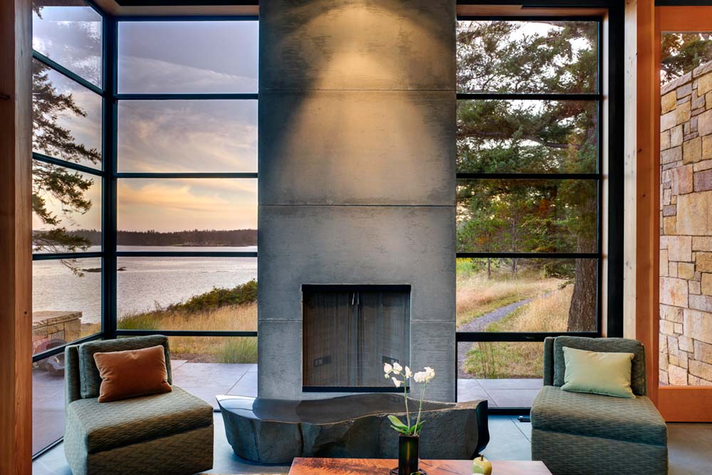 modern island cabin design fireplace - North Bay Residence