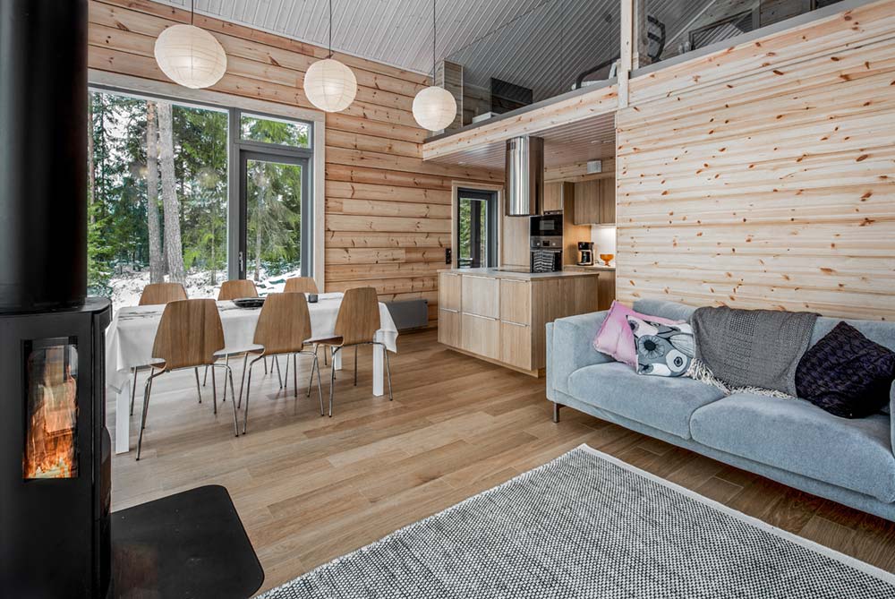 modern log cabin design living space - Inio Log Cabin