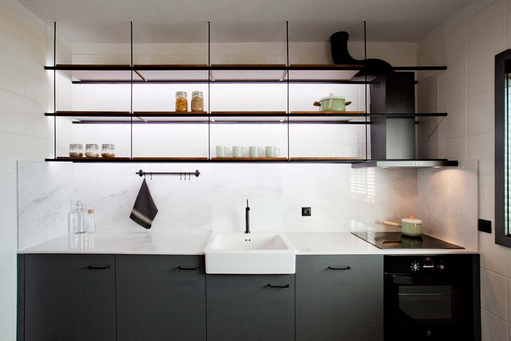 open iron kitchen storage - ELP Apartment Renovation