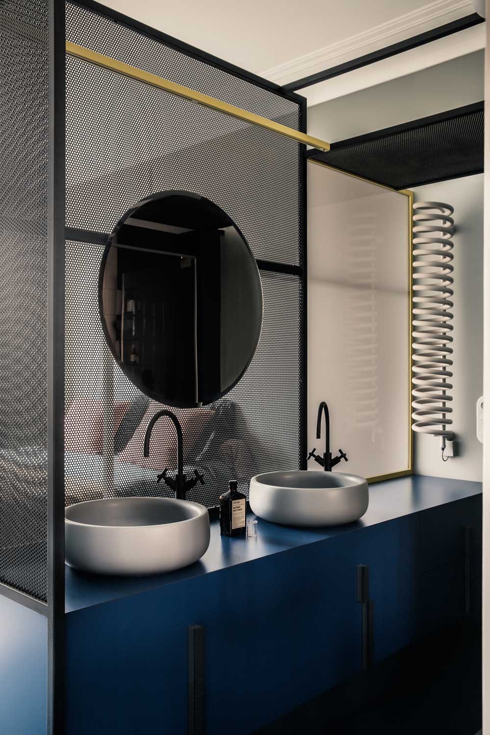 Blue Bathroom Cabinet and Silver Sink