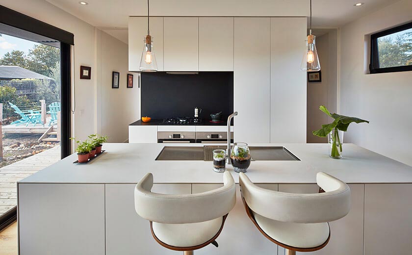 Prefab home kitchen island and cabinets