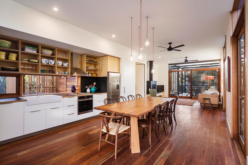 Prefab home kitchen with hardwood floors