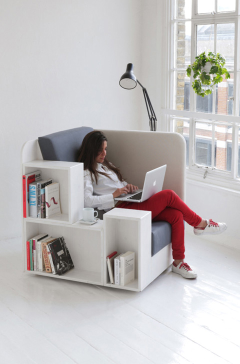 Reading chair with integral shelving and journal hangers