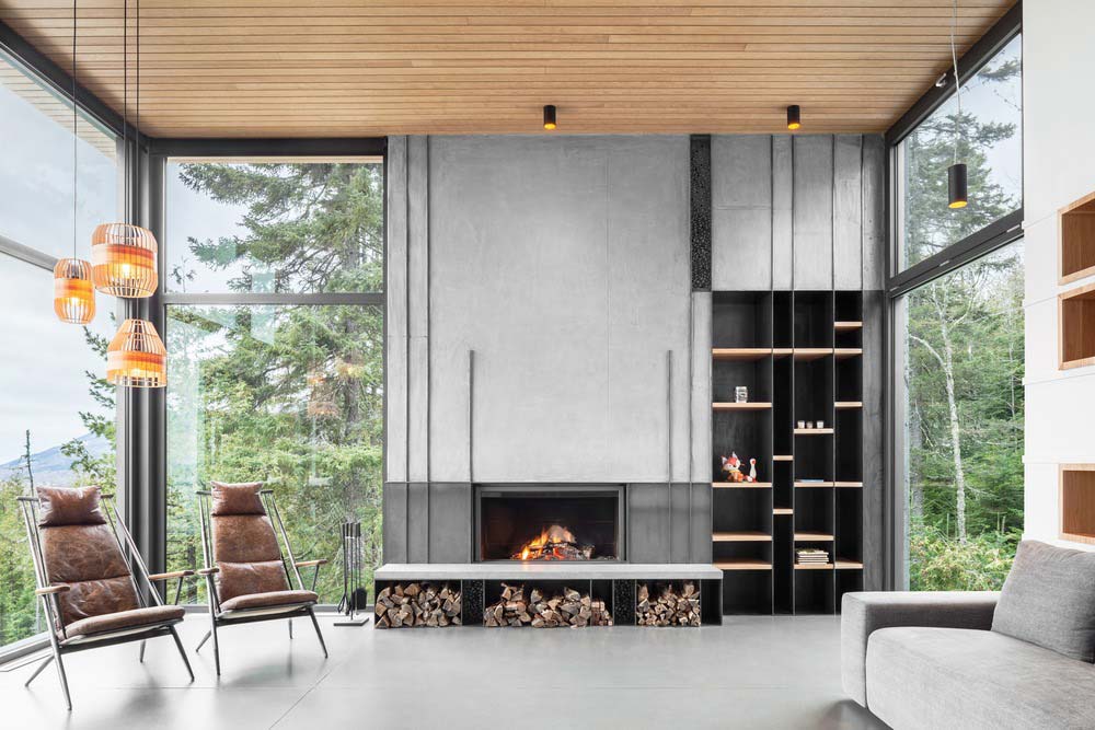 slope house fireplace design - Long Horizontals