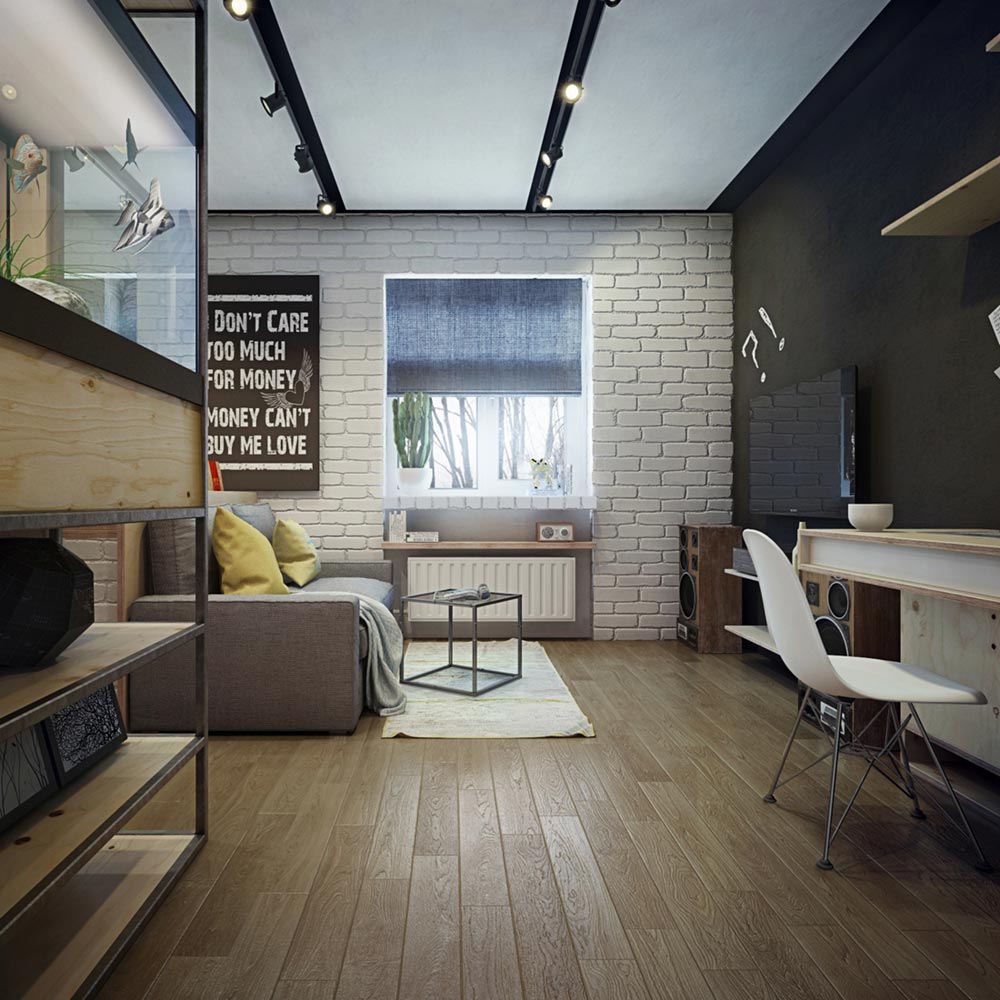 Tiny one bedroom apartment design with work space & bathtub