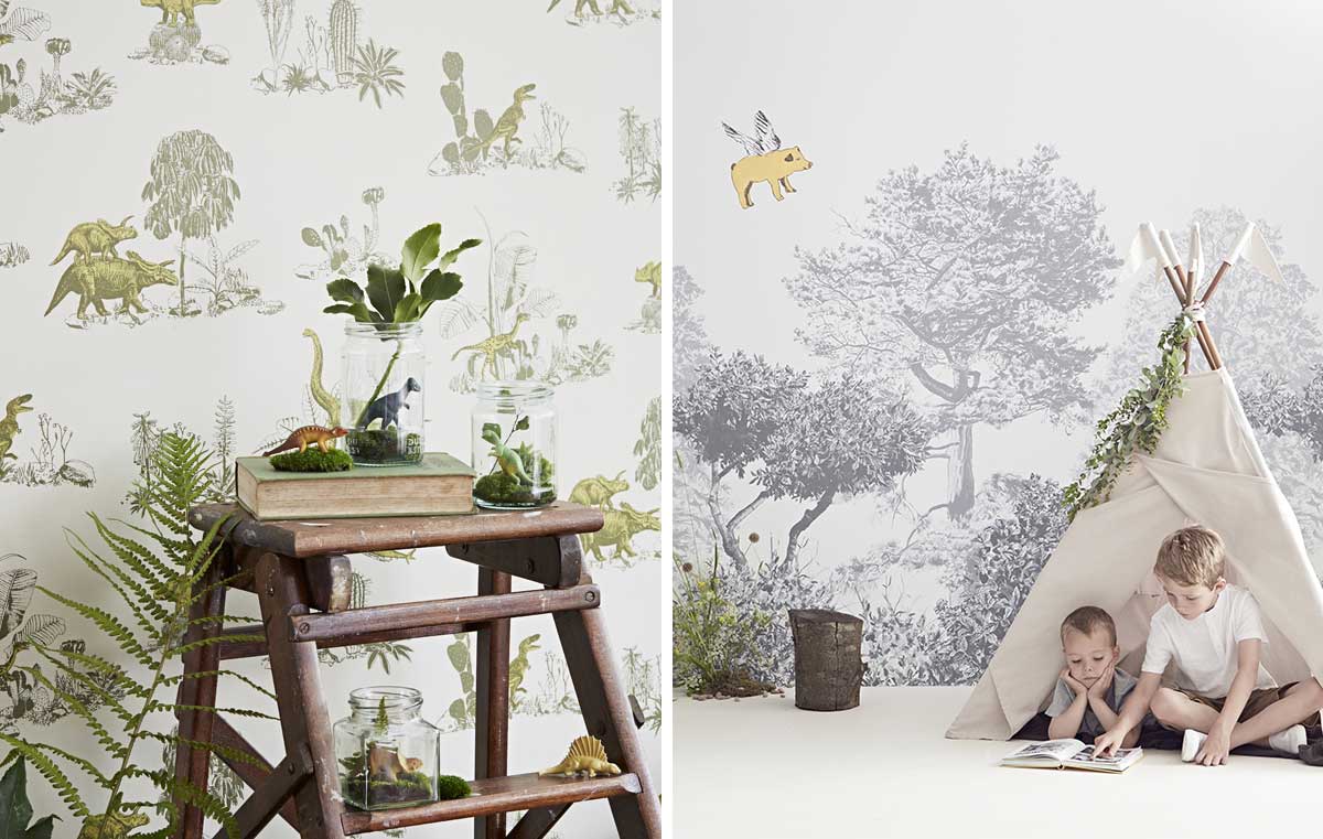 Wallpaper dinosaur trees design