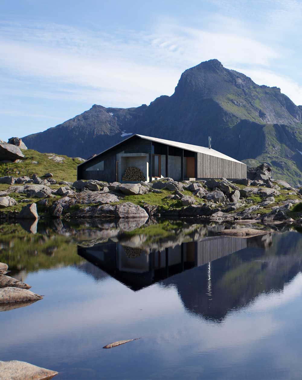 Wooden prefab cabin in the mountains